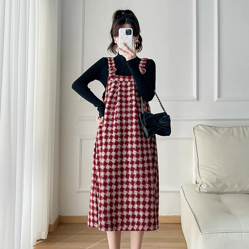 Autumn, Winter Plus Size Pregnant Women Strap Dress, Block Color Red Plaid Maternity Woolen A-Line Dress. Sleeveless Loose Dresses