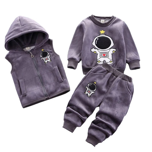 Winter Thick Fleece Astronaut Hooded Vest Coat Pants 3Pcs for Kids