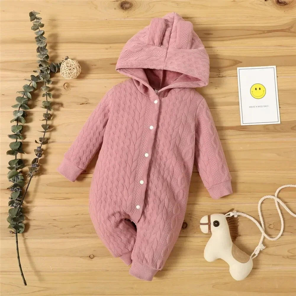 0-18 Months Newborn Baby Girl Bodysuit, Solid Color Hoodie, Long Sleeve Romper, Autumn & Winter Warm Clothes For Baby