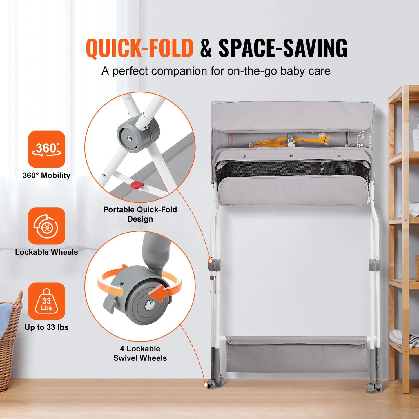 Baby Folding Diaper Changing Station with Lockable Wheels