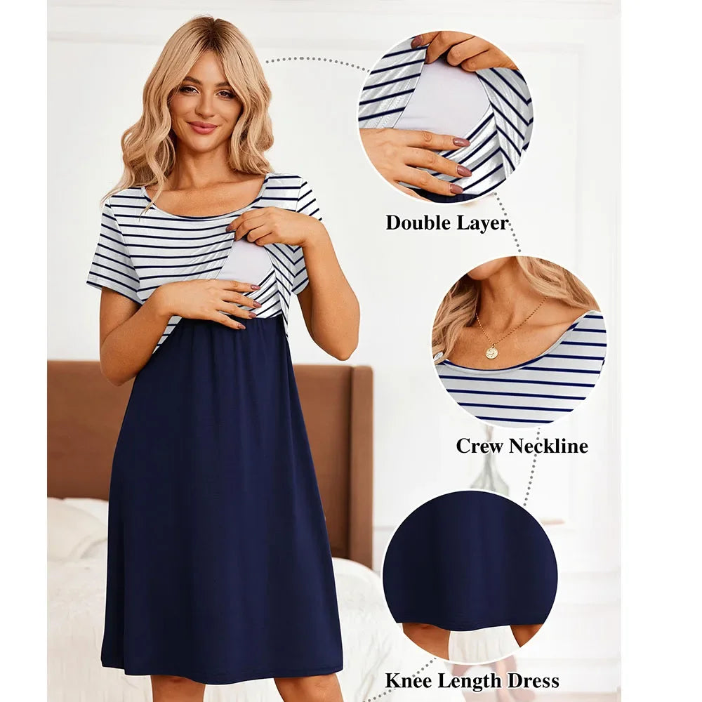 2024 Summer Women's Nursing Dress Summer Short Sleeve Patchwork Maternity Breastfeeding Knee Length Dress