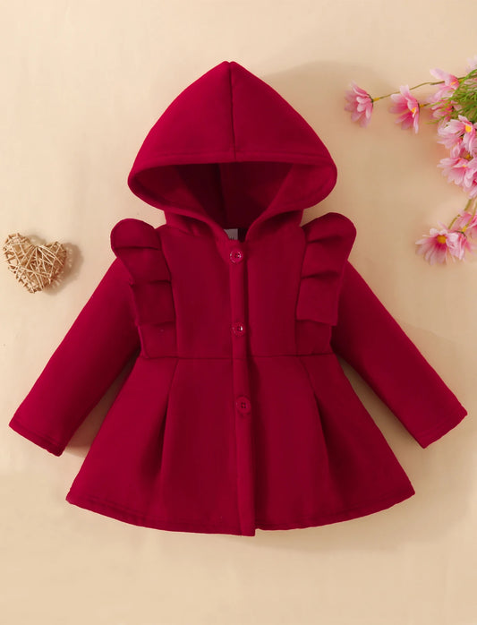 Baby Girl Ruffled Long Sleeve Fleece Hooded Single Breasted Coat, Autumn,  3 - 24M