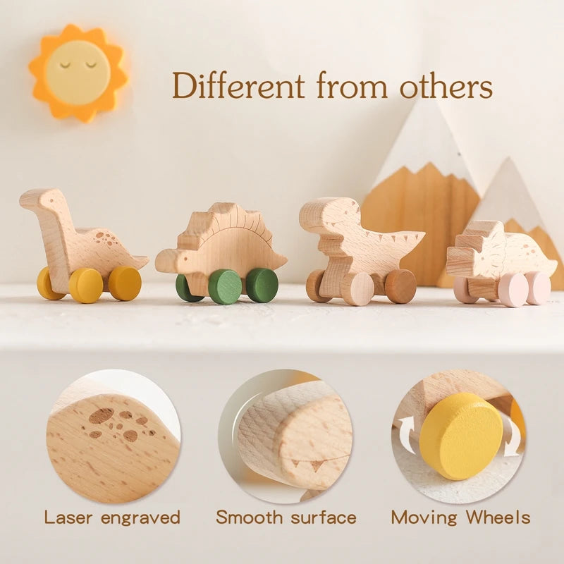 1PC Baby Toy, Beech Wood Block Cartoon Dinosaur Car, Educational Montessori Toy, Baby Teething P