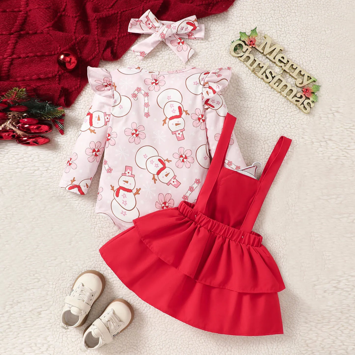 0-18M Fall / Winter Baby Clothes, Long Sleeve Cartoon Romper, Top Snowman Suspender Skirts