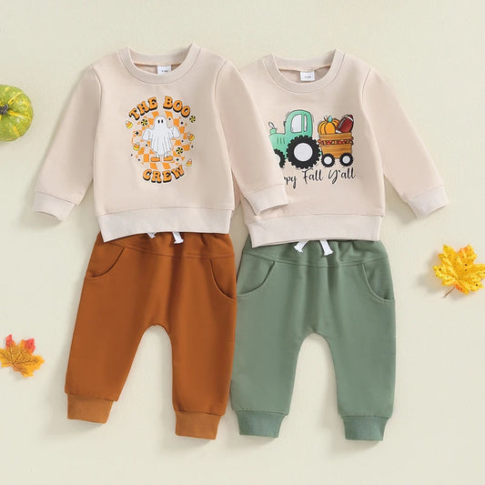 Boys 2Pcs Truck/Ghost Print Long Sleeve Sweatshirt + Pants Set Toddler Clothes