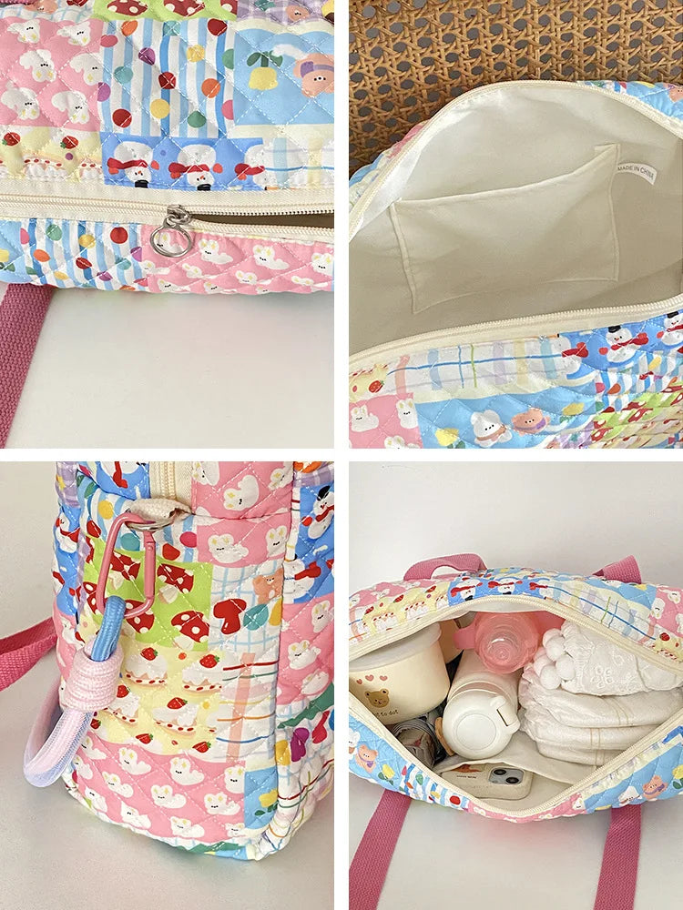 Quilted Cotton Baby Diaper Bag, Zipper, Travel, Baby Items Storage Bag