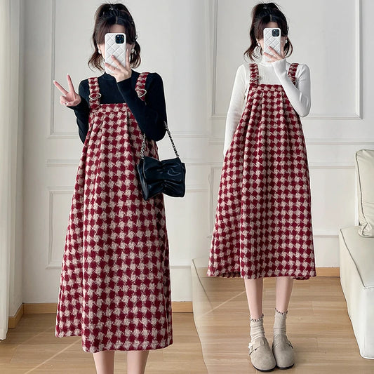 Autumn, Winter Plus Size Pregnant Women Strap Dress, Block Color Red Plaid Maternity Woolen A-Line Dress. Sleeveless Loose Dresses