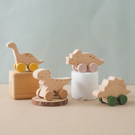 1PC Baby Toy, Beech Wood Block Cartoon Dinosaur Car, Educational Montessori Toy, Baby Teething P