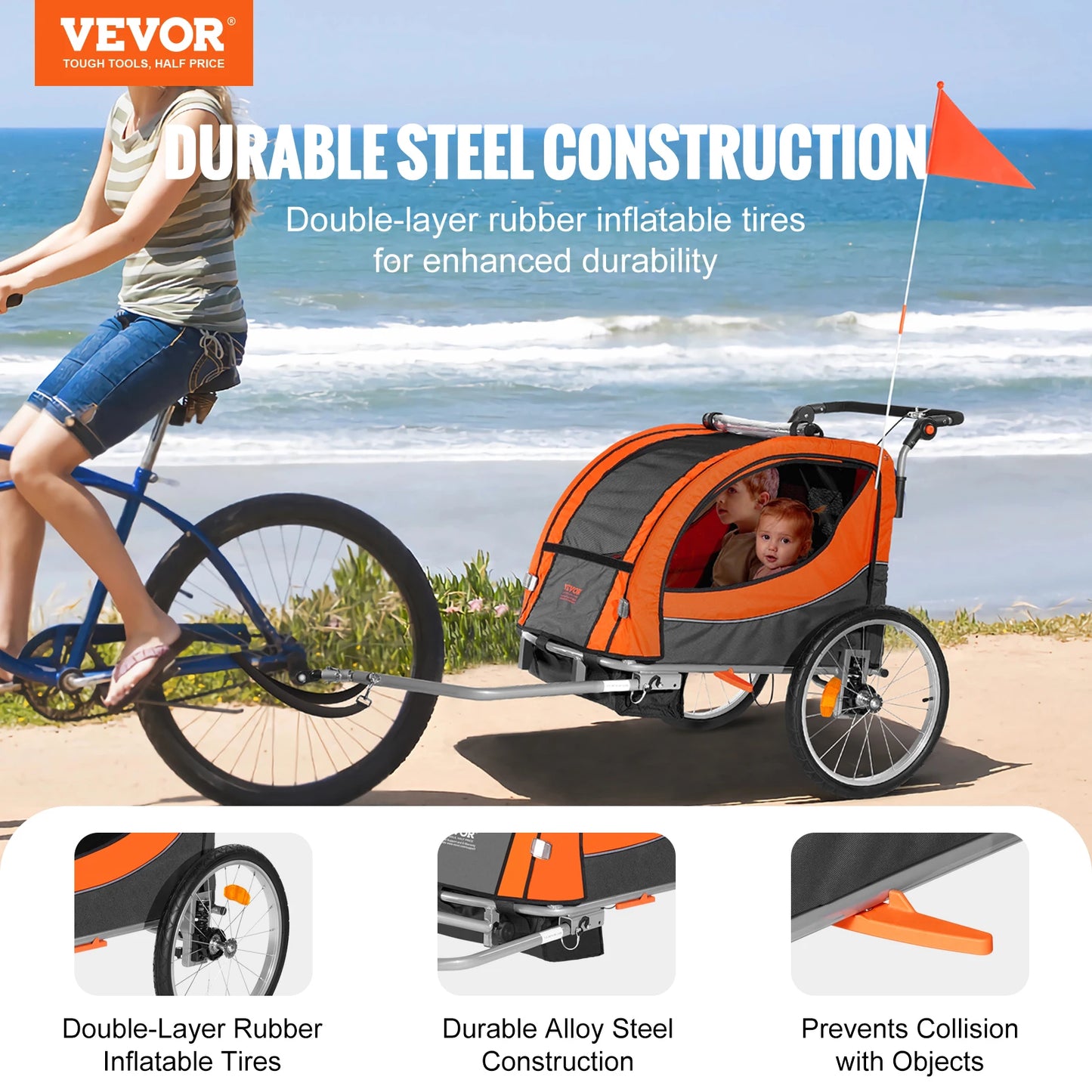 Double Seat Carrier Converts to Stroller, Foldable Children Bicycle Trailer for Toddlers Kids