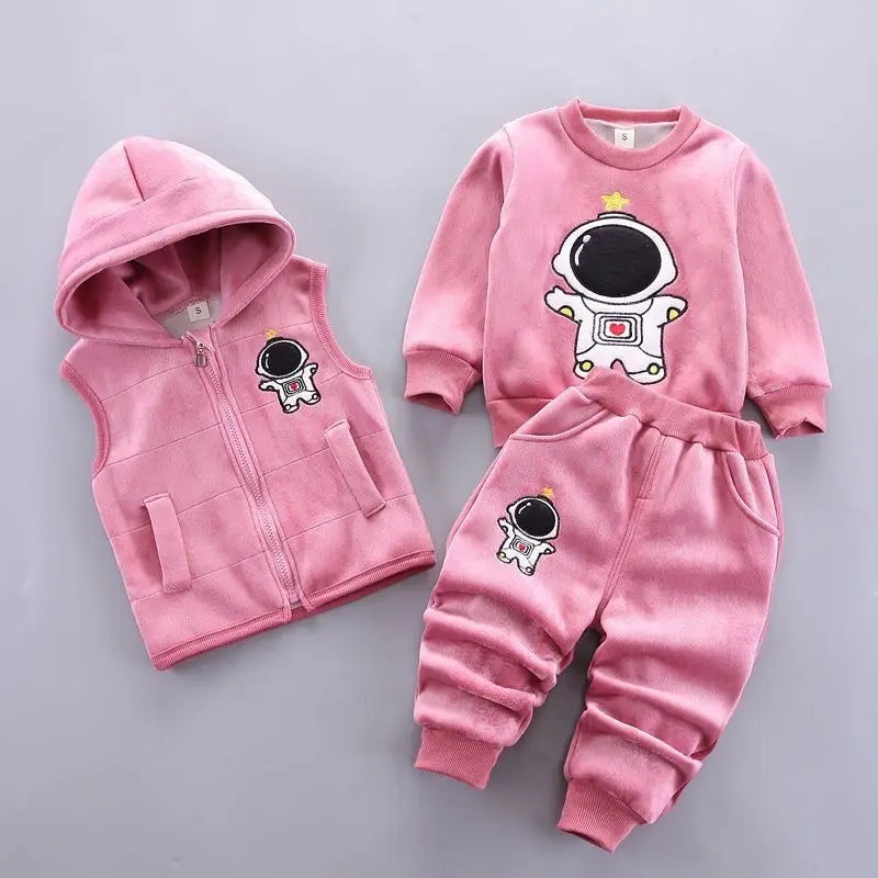 Winter Thick Fleece Astronaut Hooded Vest Coat Pants 3Pcs for Kids