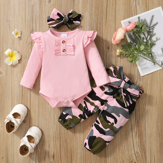 0-18 Months Newborn Baby Girl Clothes Set, Long Sleeve Bodysuit + Camouflage Pants + Headband