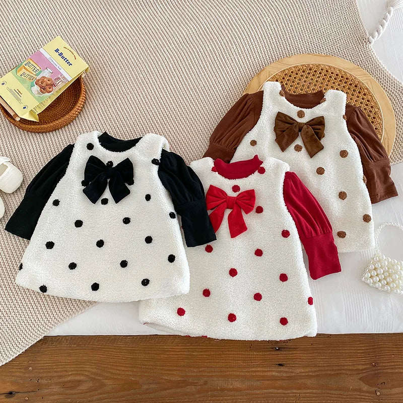 2024 Autumn Winter Infant Girl Polka Dot Vest Dress, Toddler Girls Solid Bow Outerwear, Baby Girls Plush Thickened Cotton Dress