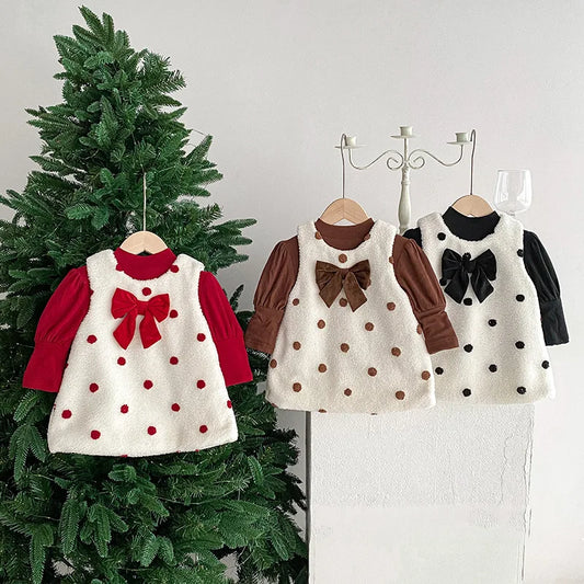 2024 Autumn Winter Infant Girl Polka Dot Vest Dress, Toddler Girls Solid Bow Outerwear, Baby Girls Plush Thickened Cotton Dress