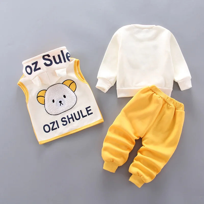 Winter Baby Fleece Clothing Sets, Autumn, Boys, Girls, Cotton Thicken Hooded Vest, Sweater Cartoon Bear, Pants 3Pcs Warm Outfits  9M-3Y