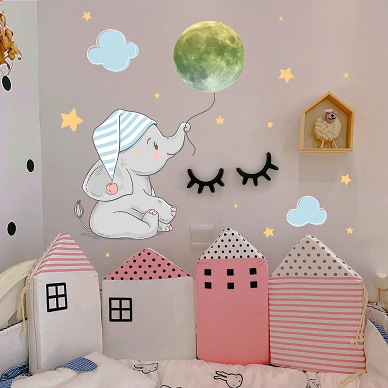 Baby Elephant Moon Luminous, Wall Sticker For Baby Room, Bedroom Home Decoration Decals, Glow In The Dark Combination Stickers