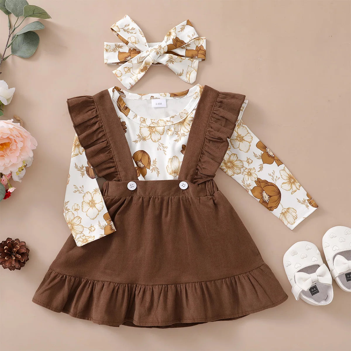 0-12 Months Newborn Baby Girl Clothes Set, Flowers Print Long Sleeve Romper Top, Suspender Skirt