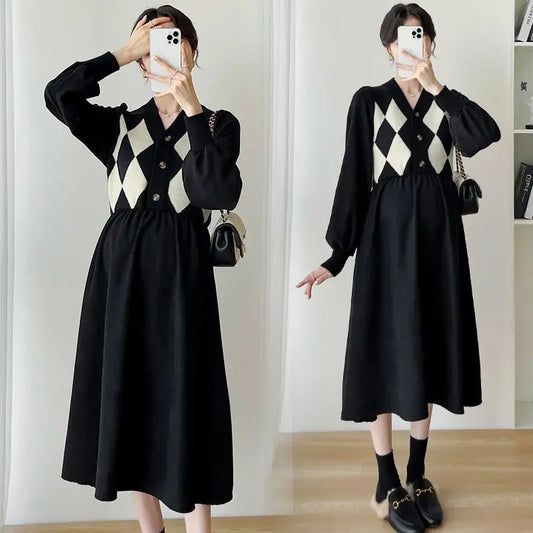 Autumn Button V Neck Patchwork Female Maternity Dress Sweater