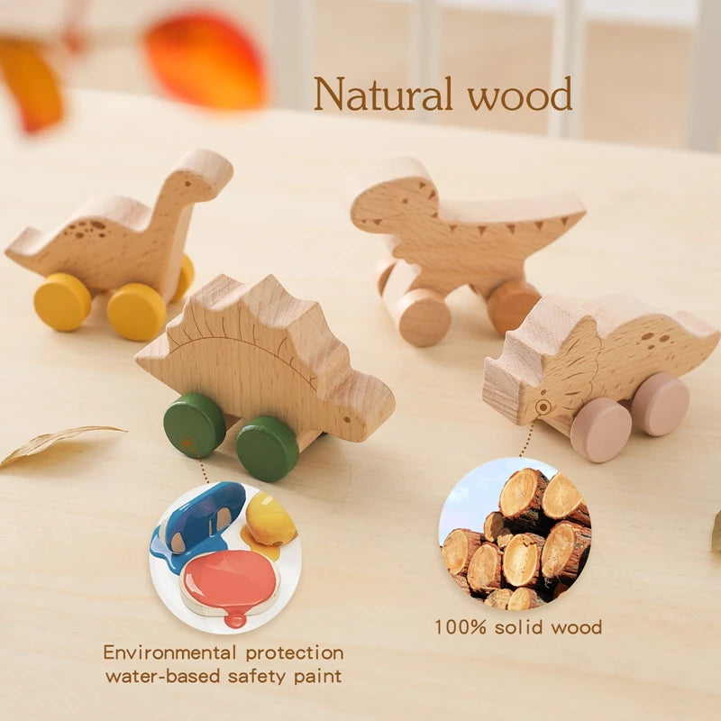 1PC Baby Toy, Beech Wood Block Cartoon Dinosaur Car, Educational Montessori Toy, Baby Teething P