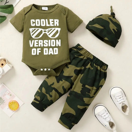 0-18 Months Newborn Baby Boy 3PCS Clothes Set, Letters Print Short Sleeve Romper + Camouflage Pants with Hat Casual Outfit