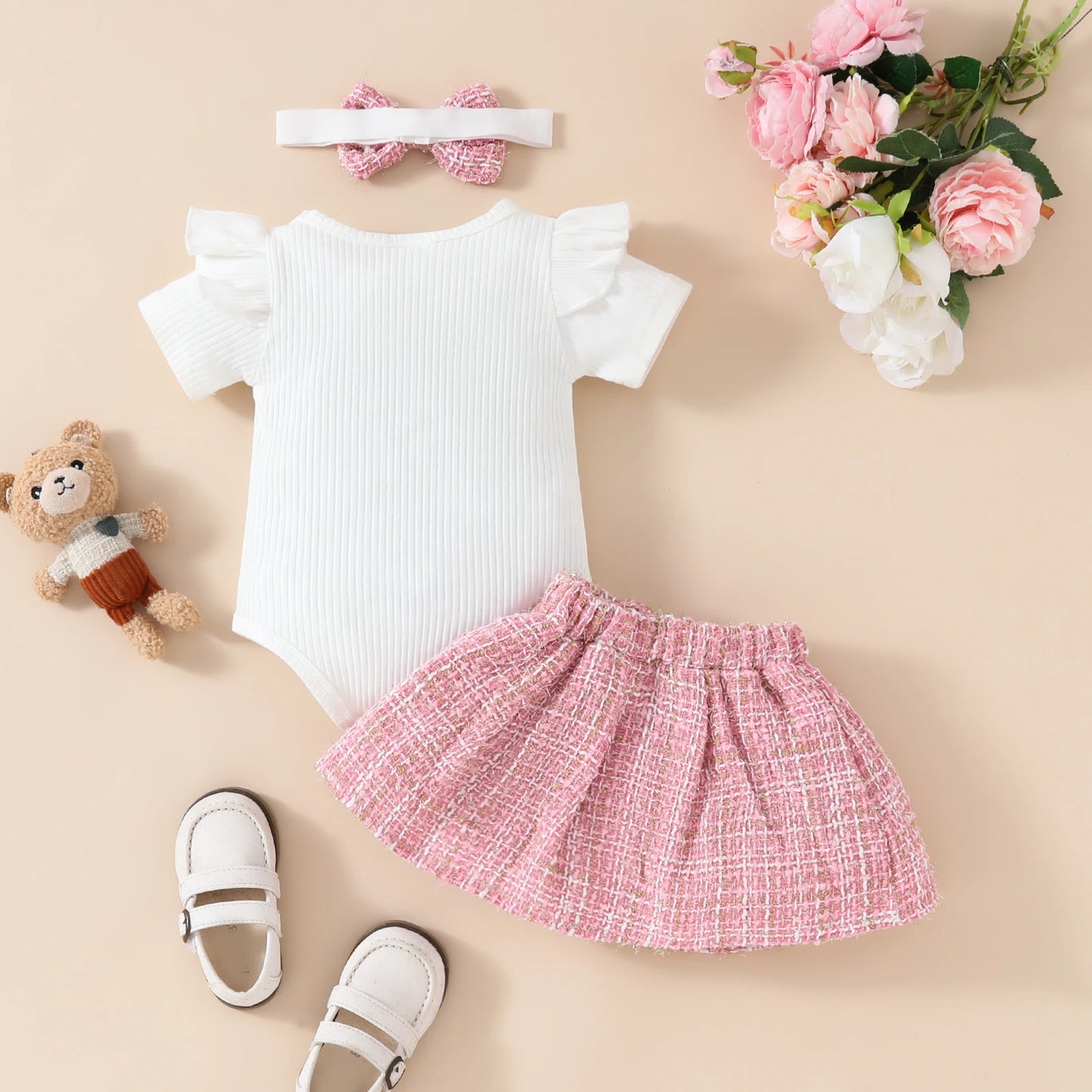 2pcs Infant & Toddler's Lovely Bear Patchwork Outfit, Short Sleeve Onesie & Headband & Tweed Skirt