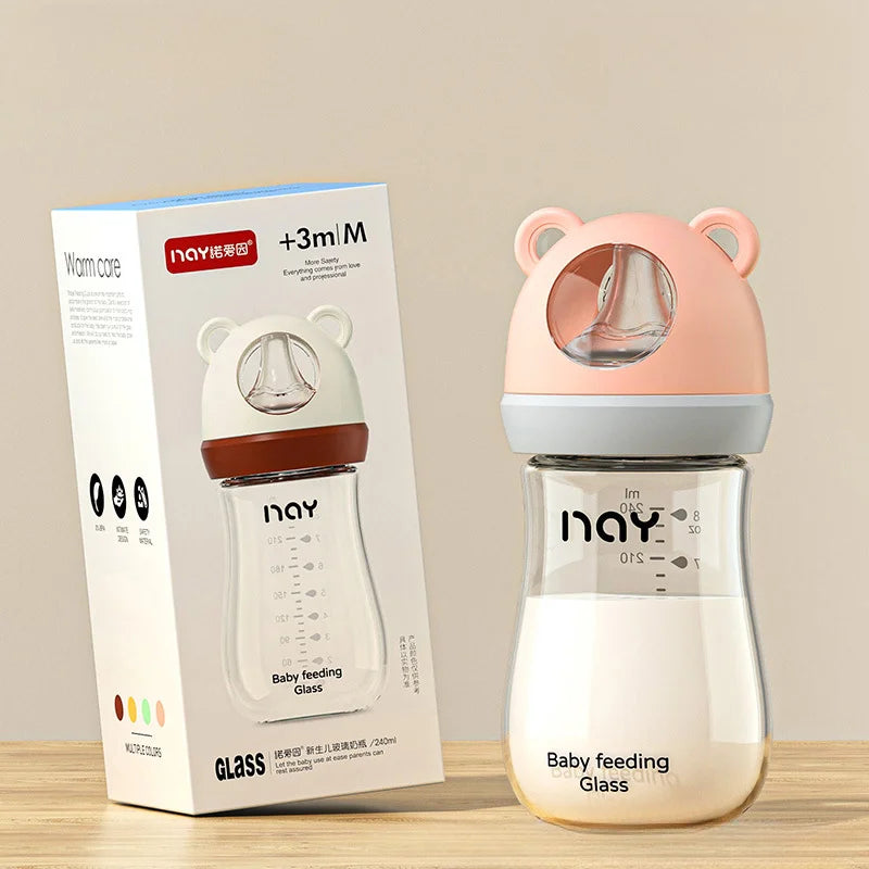 240ml Newborn Glass Feeding Bottle, Wide Caliber Anti-flatulence, Nursing Anti-Choke Baby Bottle Infant BPA Free