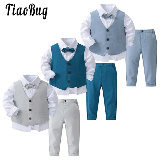 Boys Suits, Gentleman Tuxedo Bow Tie, Shirt Suit Vest, Pants 4 Pcs