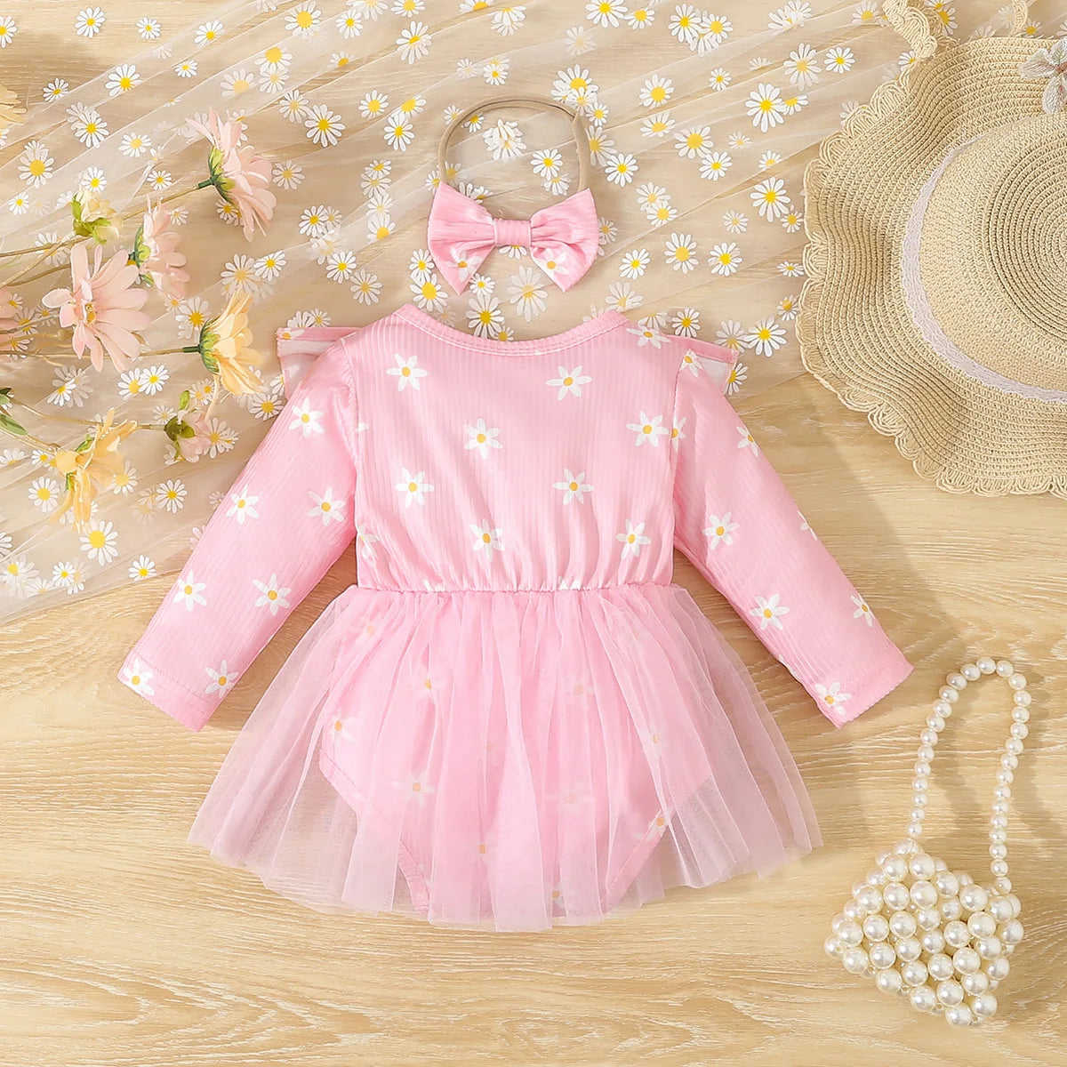 0-18 Months Baby Girl Ruffled Bow Tulle, Long sleeved Bodysuit + Headband, Autumn Fashion Bodysuit. Cute Baby Crawling Suit