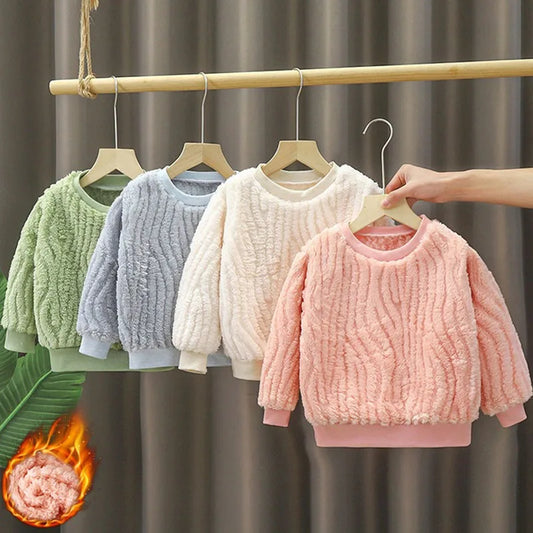 Autumn Winter, Children Plush Warm Long-sleeved Round Neck Tops