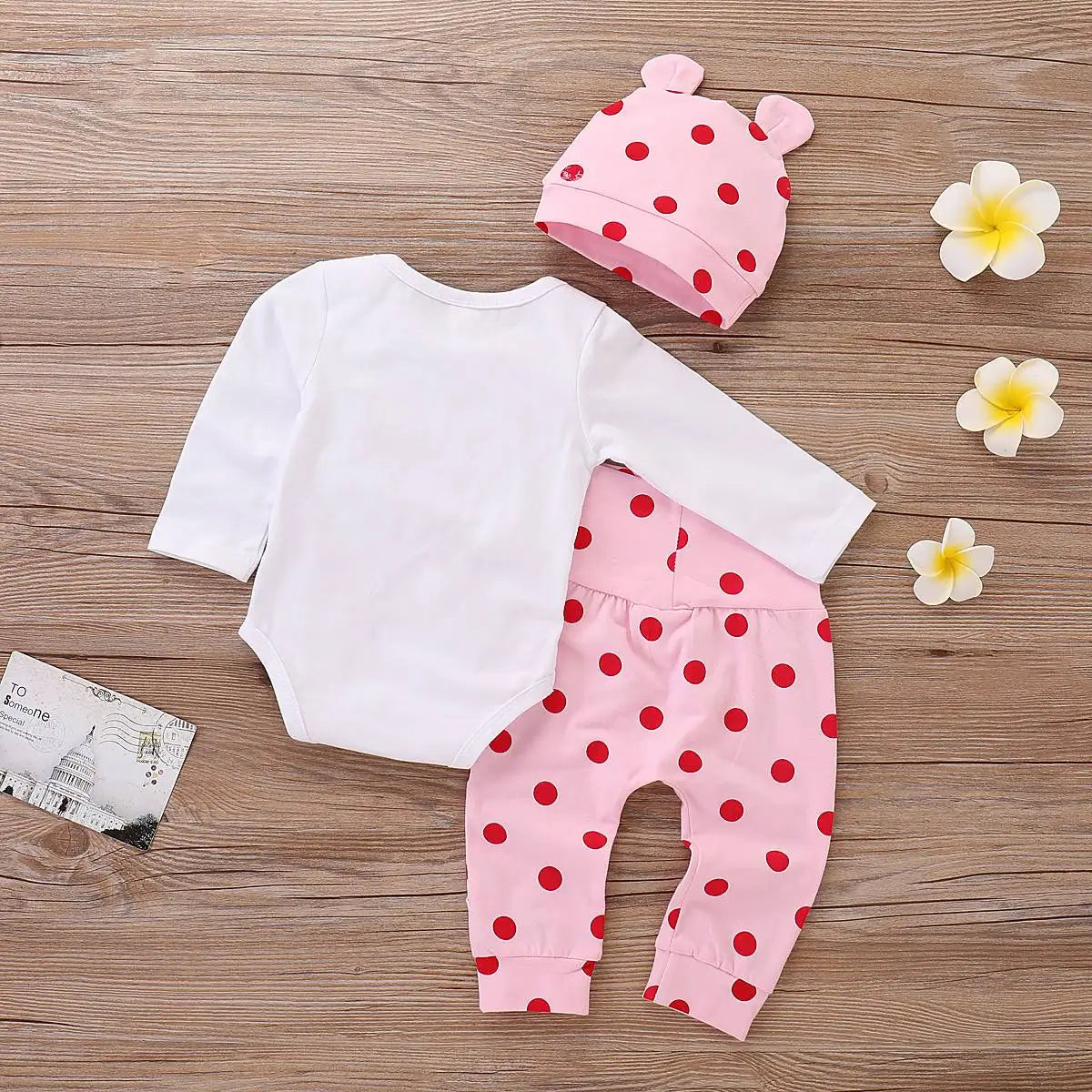 0-18 Months New Newborn Casual Polka Dot Long Sleeve T-shirt Romper +Hat, 3pcs Set Infant Girls Outfit