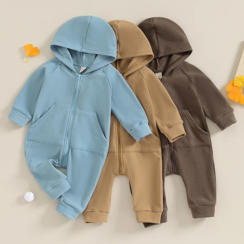 0-24M Baby ,Solid Color Long Sleeve Zipper Hooded Jumpsuit