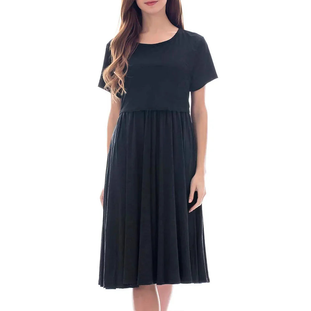 2024 Summer Women's Nursing Dress Summer Short Sleeve Patchwork Maternity Breastfeeding Knee Length Dress