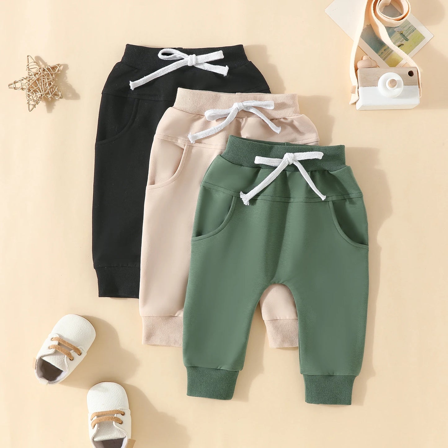 Baby Sweatpants, Pack of 3, Solid Color Elastic Waist Bottom Pants,