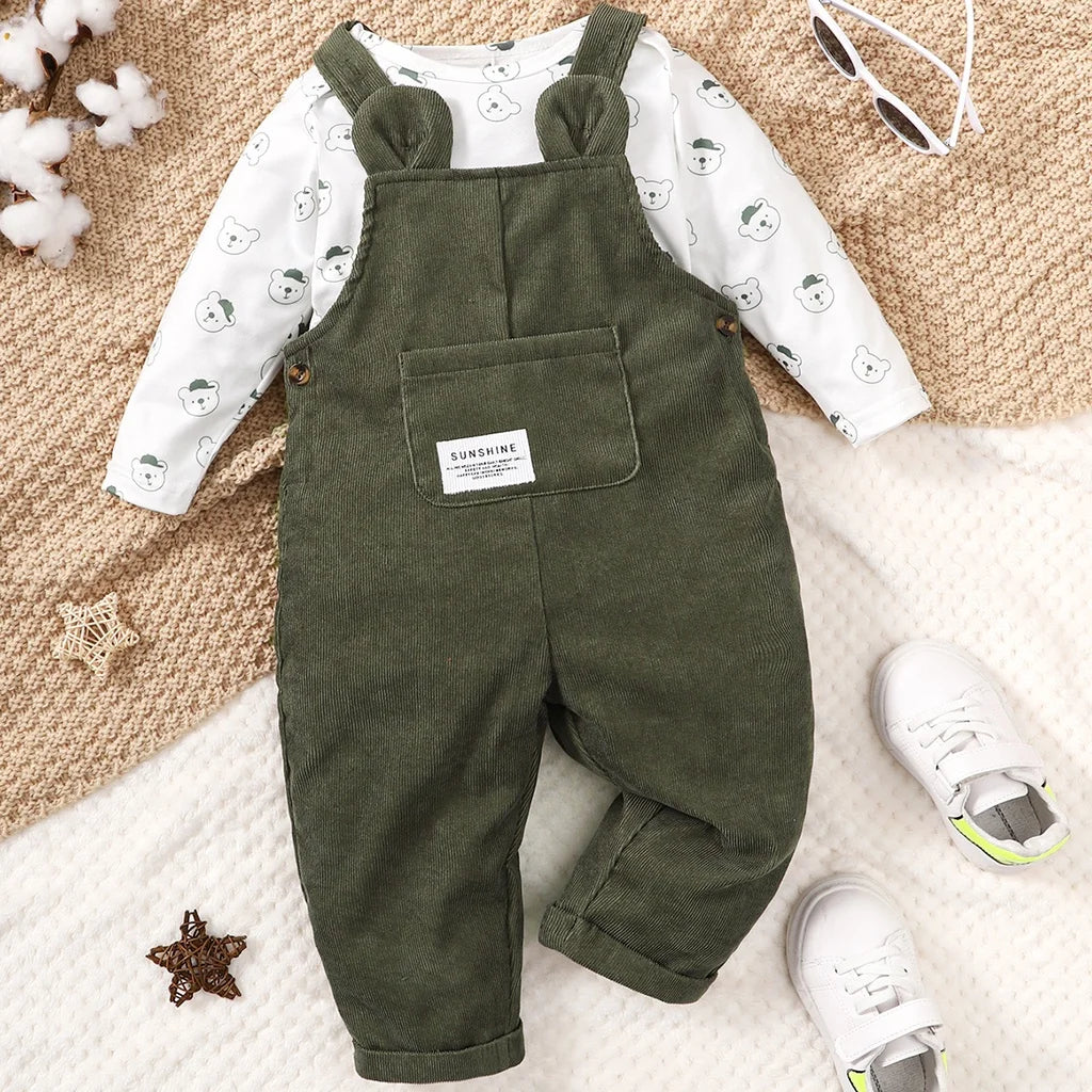 3-24 Months Toddler Baby Boy and Girl 2pcs Set, Bear Print Bodysuit with Green Overall, Cute Autumn&Winter Wear