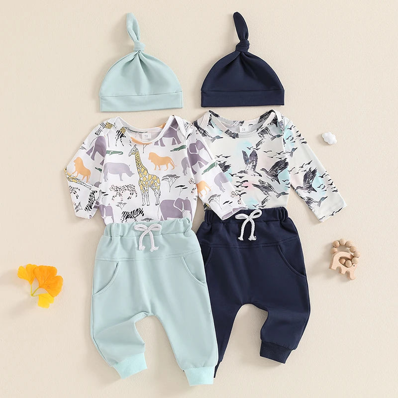 3-Piece Baby Boys Set, Animal Print Long Sleeve Round Neck Romper, Drawstring Pockets Long Pants, Hat Outfits 0-18M