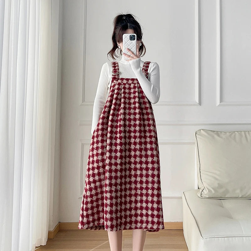 Autumn, Winter Plus Size Pregnant Women Strap Dress, Block Color Red Plaid Maternity Woolen A-Line Dress. Sleeveless Loose Dresses