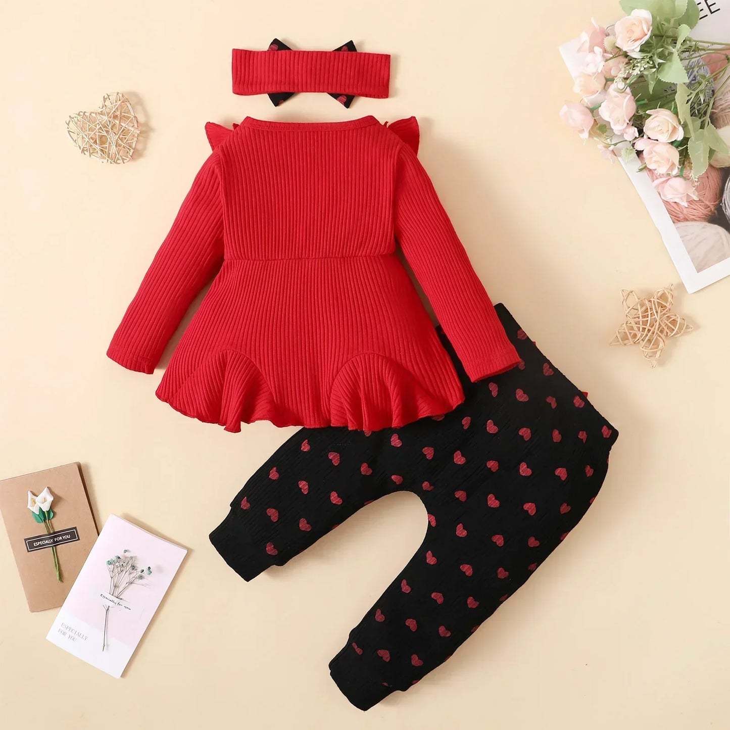 3Pcs Baby Girl Clothes Sets Bowknot, Red Top, Love Printed Trousers, Casual Infant / Toddler Clothing 3M 6M 12M