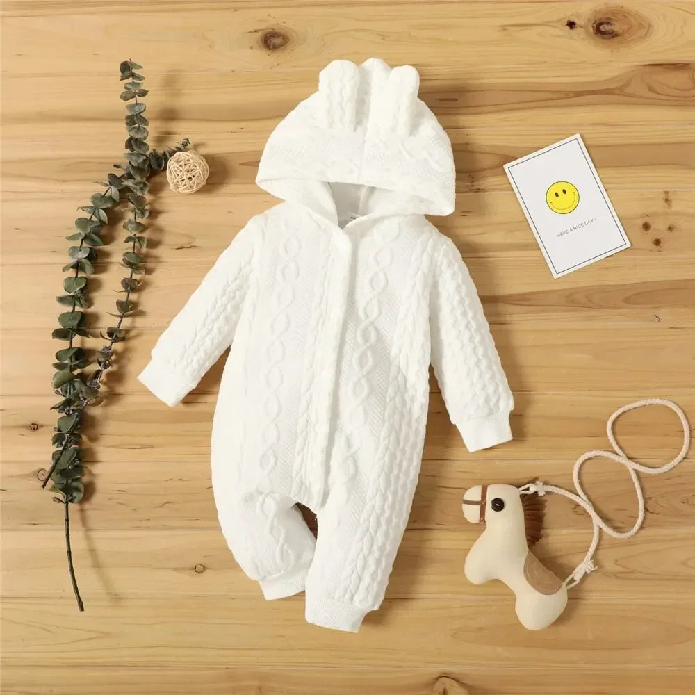 0-18 Months Newborn Baby Girl Bodysuit, Solid Color Hoodie, Long Sleeve Romper, Autumn & Winter Warm Clothes For Baby