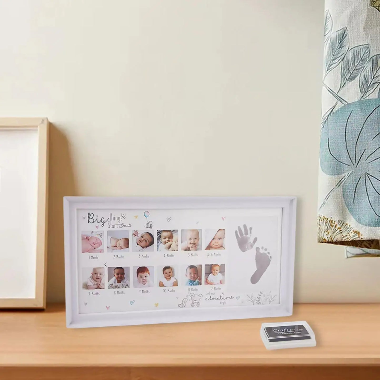 Baby Photo Frame Newborn 0-12 Month, My First Year Baby Picture Frame with Ink Pad Footprint & Handprint