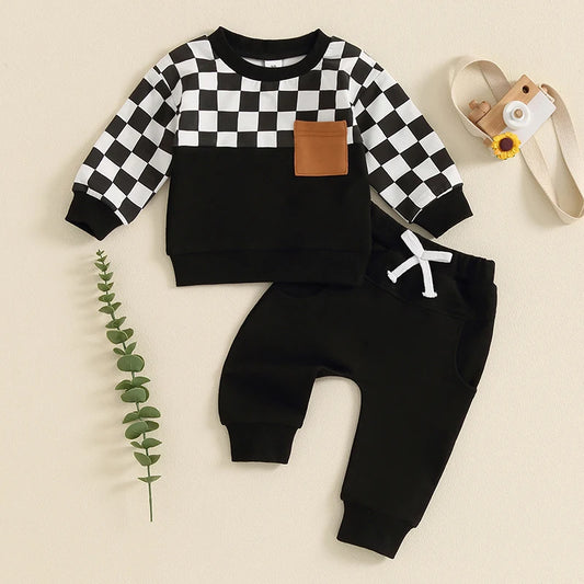 Toddler Boy Fall Clothes, Checkerboard Print Long Sleeve Pocket Sweatshirt with Solid Color Pants 2Pcs Outfits