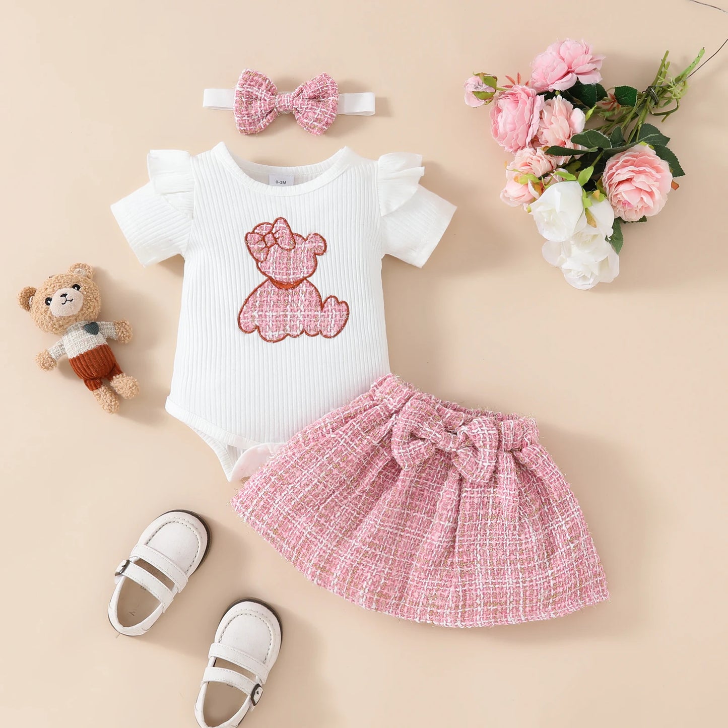 2pcs Infant & Toddler's Lovely Bear Patchwork Outfit, Short Sleeve Onesie & Headband & Tweed Skirt