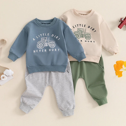 Baby Boy Fall Outfits, Long Sleeve Tractor Letter Print Tops + Pants Set